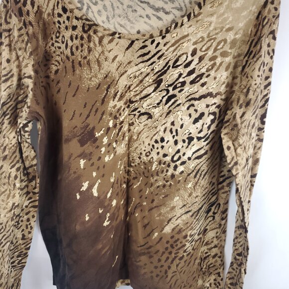 Jones New York Sport Brown Tan Gold Animal Pring Long Slv Wide Neck Blouse Sz XL - Picture 5 of 9